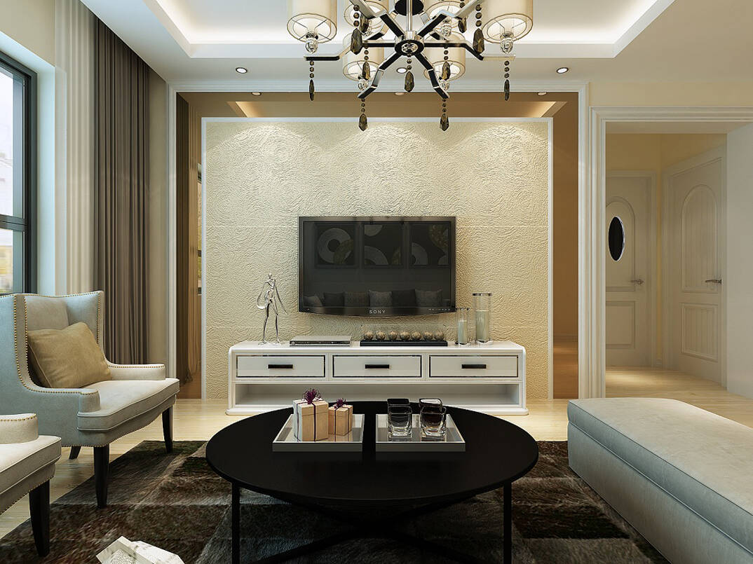 鑫江桂花園2室2廳77平美式風(fēng)格裝修客廳電視墻效果圖